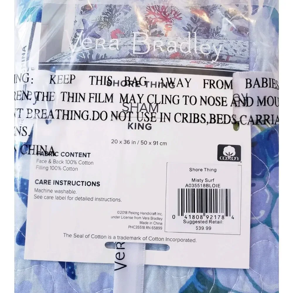 NEW Vera Bradley 100% Cotton Shore Thing Blue Misty‎ Surf KING Pillow Sham